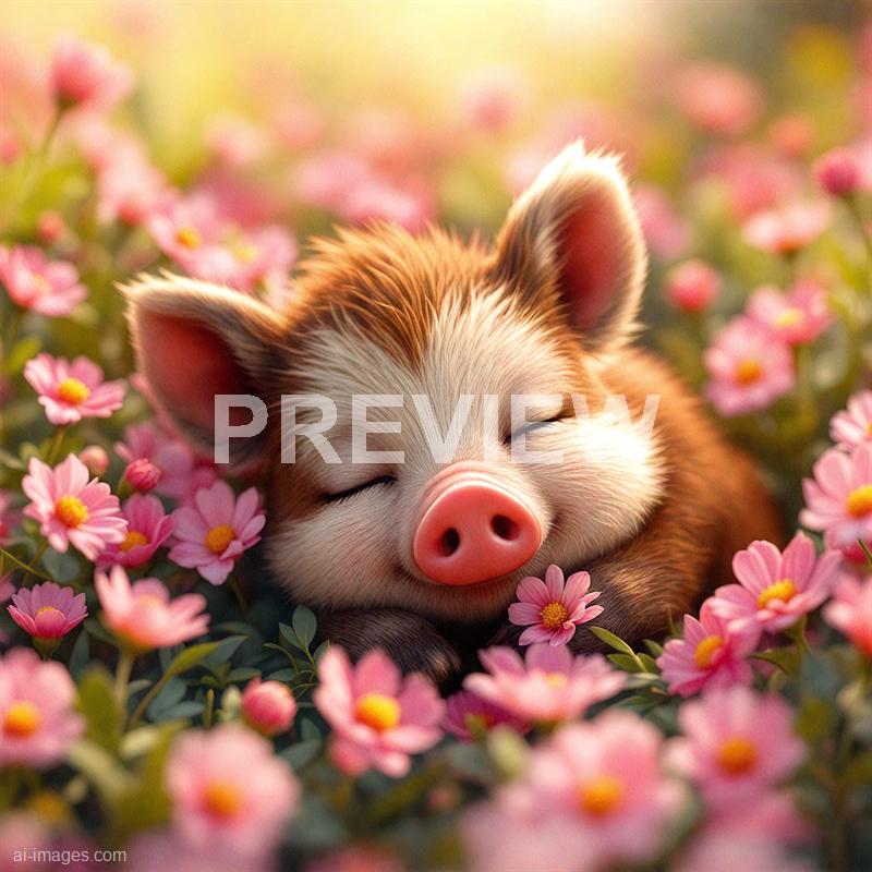 A cute piglet with closed eyes is peacefully resting among a bed of pink flowers, likely daisies, with a soft, warm glow highlighting its furry face and pink snout. The background is blurred with more pink flowers and green foliage, creating a dreamy, serene atmosphere. The piglet appears content and relaxed, nestled comfortably in the floral setting.